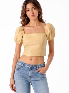 7 For All Mankind Faux Leather Corset Crop Top Puff Sleeve Cream Medium 7FAM